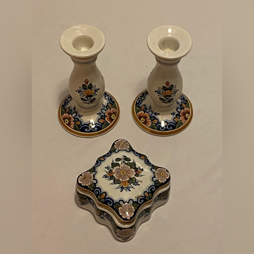 DELFT Pottery Floral Ceramic Candle Holders and Box Set